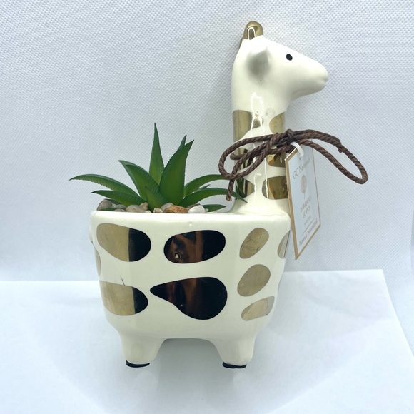 GC Natural Gold Spotted Ivory Ceramic Giraffe Faux Succulent Planter Decor. NWT - Picture 3 of 7